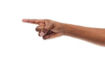 Black woman's hand pointing finger at somebody, isolated on white
