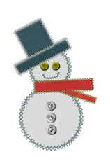 Snowman with scarf and hat and button eyes with embroidery effect on fabric