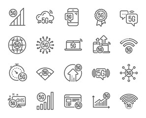5G technology line icons. Mobile network, fast internet, phone connection. Hotspot signal, mobile telecommunications, wifi internet icons. 5G cellular network technology. Vector