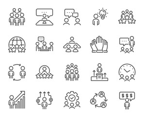 Business people line icons. Team, meeting, job structure. Group people, communication, member icons. Congress, talk person, partnership. Job interview, business idea, voting. Vector