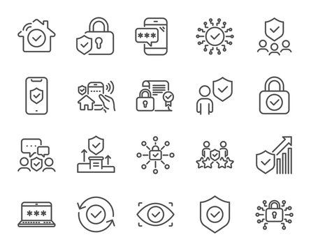 Security line icons. Cyber lock, password, unlock. Guard, shield, home security system icons. Eye access, electronic check, firewall. Internet protection, laptop password. Vector