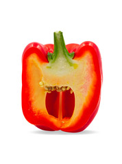 Half cut fresh red sweet ripe bell pepper isolated on white background with clipping path.