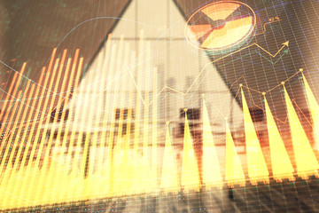 Double exposure of forex chart on conference room background. Concept of stock market analysis