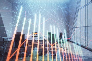 Multi exposure of stock market graph on conference room background. Concept of financial analysis