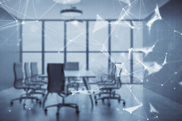 Double exposure of technlogy theme abstract hologram on conference room background. Concept of hightech