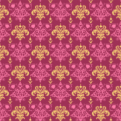 Colorful decorative background in retro style, bright color, purple seamless background with floral patterns. Repeating vintage texture pattern. Vector illustration