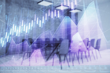 Multi exposure of stock market graph on conference room background. Concept of financial analysis