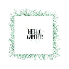Watercolor square frame with pine branch, cone and cut wood, isolated on white. Hand drawn winter illustration. Perfect for wrapping paper, print, invitation, sticker
