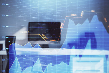 Stock market chart and desktop office computer background. Multi exposure. Concept of financial...