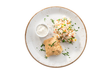 deep fried fish fillet in batter with cooked rice with corn and white sauce isolated on white background