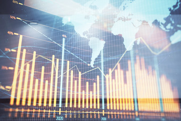 Double exposure of financial chart with world map on empty room interior background. International market concept.