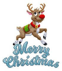 Santa Claus s reindeer and Merry Christmas message in pixel Art 8 bit video game style