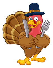 Pilgrim Turkey Thanksgiving bird animal cartoon character. Wearing a Pilgrims hat and holding a knife and fork