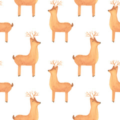 Obraz premium Watercolor hand drawn pastel colors seamless pattern. Cute baby deer on white background. Perfect for print kids, covers, fabric.