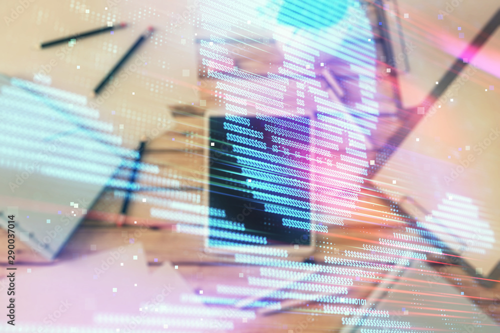 Aufkleber double exposure of hacking theme drawing on digital tablet, table background. concept of data securi