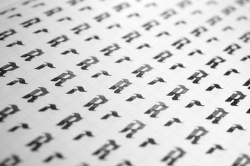 Handwriting black and white symbol filling pattern. Calligraphic letter R learning skills paper...