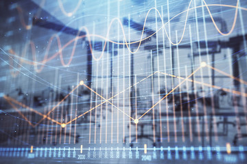 Fototapeta na wymiar Stock and bond market graph with trading desk bank office interior on background. Multi exposure. Concept of financial analysis