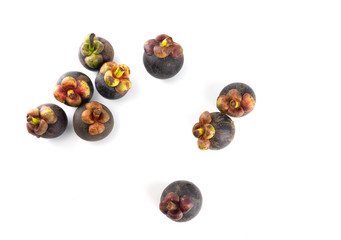 Isolated tropical fruits. mangosteens isolated on white background, Mangosteen spread