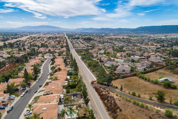 Aerial view of houses and mountains in California