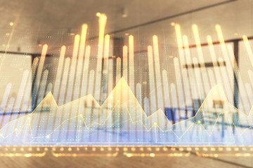 Stock and bond market graph with trading desk bank office interior on background. Multi exposure. Concept of financial analysis