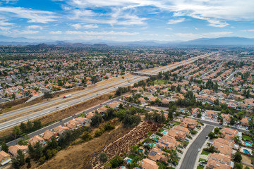 Aerial view of houses and mountains in California