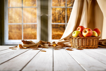 White wooden old window and autumn landscape of forest. Free space for your decoration on wooden...