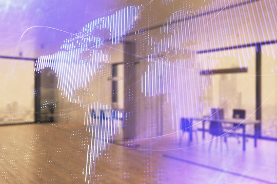 World map with trading desk bank office interior on background. Multi exposure. Concept of international finance - Powered by Adobe