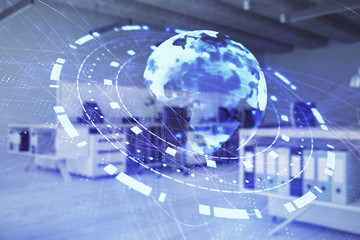 World map with trading desk bank office interior on background. Multi exposure. Concept of...
