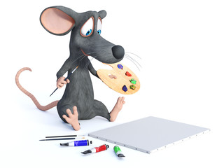3D rendering of a cartoon mouse holding brush and palette.