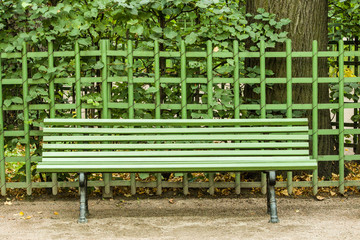 green wooden street bench on a background of green metal fence with plants