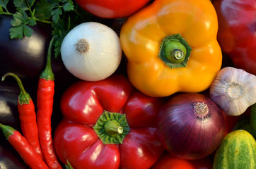 Various fresh vegetables close-up as a background, top view. Healthy and organic food.