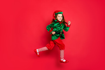 Full length body size view of nice attractive cheerful cheery funny small little pre-teen elf...