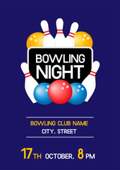 Bowling night original poster for bowling club party. A4 scaled invitation flyer template with sample text, balls and pins. Vector illustration