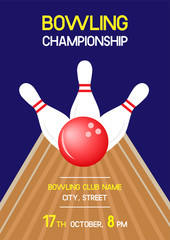 Bowling night invitation poster with ball and pins. Vector A4 scaled illustration. Simple retro flyer template for bowling club