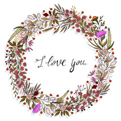 Delicate romantic colorful frame of cute cartoon flowers and twigs with the inscription. vector illustration. hand drawing