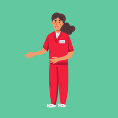 Young nurse wearing a pink uniform on a green background. Flat style Vector illustration.