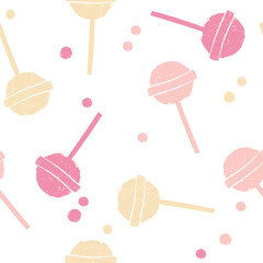 Soft pink and yellow  lollipop seamless pattern poster, flat style. illustration for happy birthday, new year, greeting card, invitation. Fabric print design background.