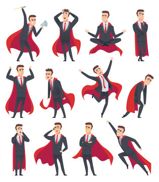 Businessman superheroes. Male characters in action poses of superheroes business person vector cartoons. Illustration businessman pose, superhero power, leadership in red cloak