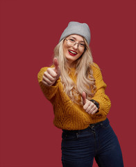 beautiful christmas woman in yellow sweater 