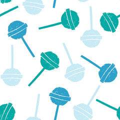 Seamless pattern with blue lollipops isolated on white background. Cartoon candies in retro style. Sweet candy wallpaper.
