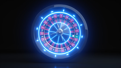Casino Roulette Wheel Concept Design. Online Casino Gambling Roulette 3D Realistic With Neon Blue Lights - 3D Illustration