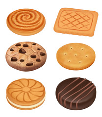 Cookies. Delicious food dessert sweets creamy biscuits with chocolate crumbles pieces crackers vector realistic collection. Illustration biscuit sweet, dessert cookie, snack, food realistic