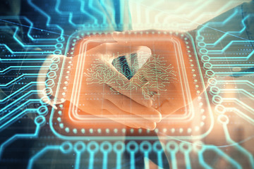 Multi exposure of human brain drawing on city view background with handshake. Concept of brainstorm