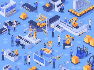 Isometric smart industrial factory. Automated production line, automation industry and factories engineer workers. Industriyal manufacturing teamwork innovation technology vector illustration - obrazy, fototapety, plakaty