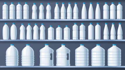 Plastic bottles on shelves. Bottled distilled water shelf, liquid drinks and pure mineral water store. Plastic bottle packaging, water delivery containers vector illustration