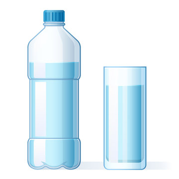 Glass of water and plastic bottle. Hydration, bottles for pure liquid and bottled mineral water drink. H2O aqua drink, water with drinking minerals in cup cartoon isolated vector illustration