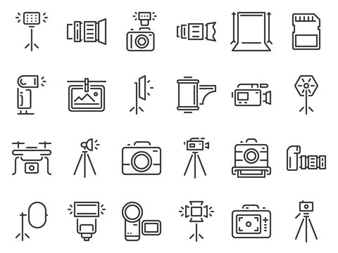 Outline photo icons. Photography studio light, film cameras and camera on tripod line. Photo lens technology, different digital and vintage cam pictogram. Isolated icon vector set