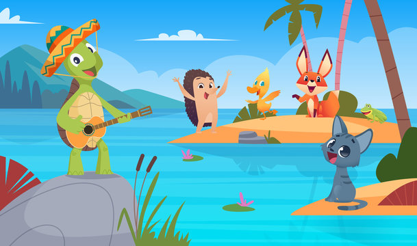 Turtles background. Nature wild animal singing playing vector cartoon turtle background illustration. Tortoise posing play guitar, colored picture for kids book