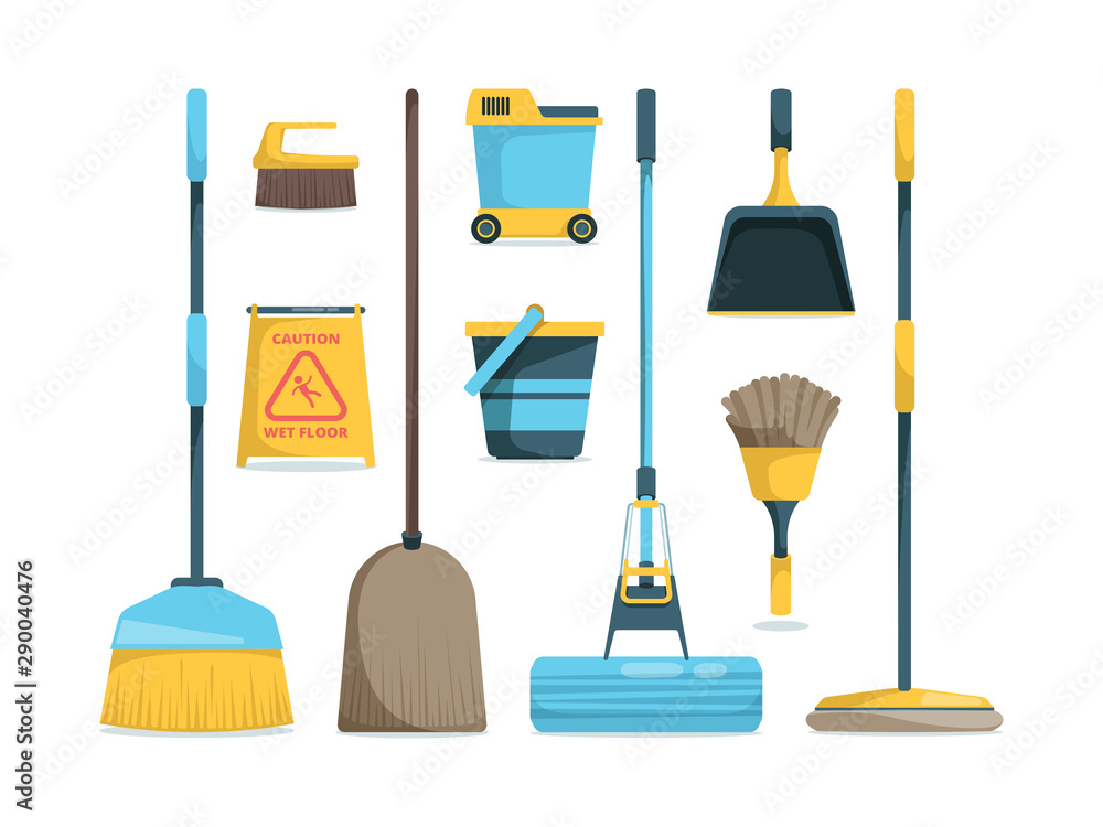 Sticker Broom collection. Household equipment mops and brooms for floor home hygiene vector cartoon pictures. Broom and mop, duster for hygiene floor illustration