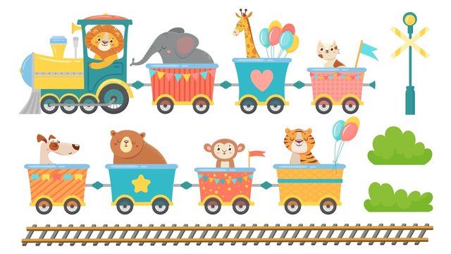 Cute animals on train. Happy animal in railroad car, little pets ride on toy locomotive. Elephant, giraffe and monkey in transportation train cartoon isolated vector illustration set